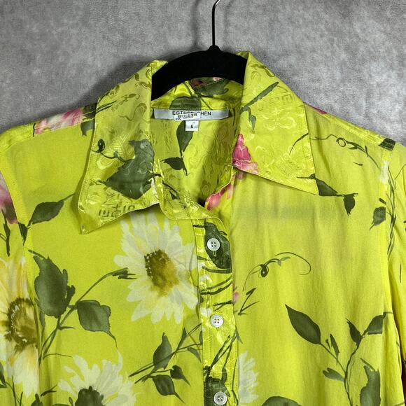 Esther Chen‎ Shirt Top Womens 6 Yellow Floral Silky Button Up Long Sleeves Artsy - Picture 2 of 8